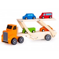 Camion Mack cu 4 masinute pentru trenulete din lemn- Truck cu platforma din lemn pentru transport masini